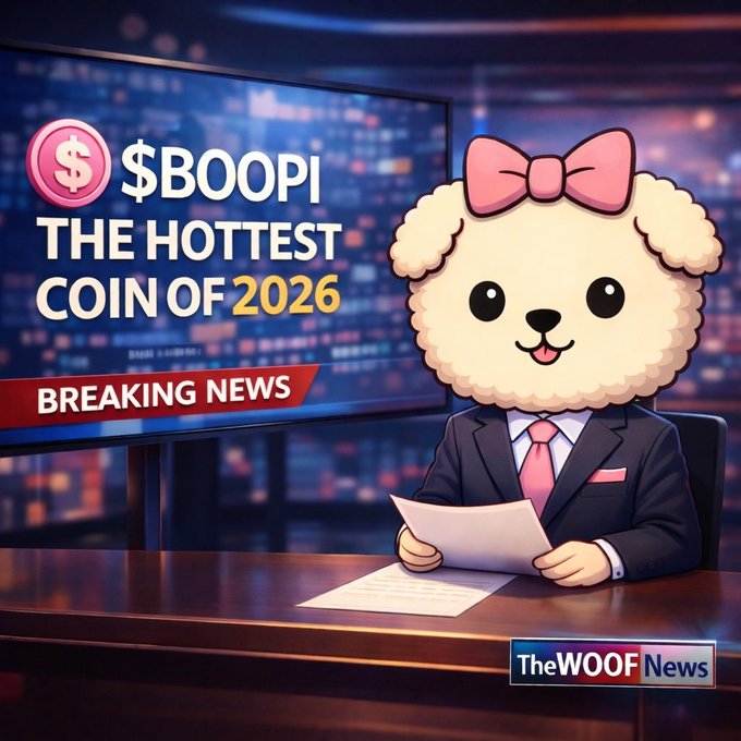 A cartoon poodle news anchor in a suit and pink bow sits at "The WOOF News" desk with a headline reading "$BOOPI THE HOTTEST COIN OF 2026 BREAKING NEWS," visually framing the post's message about $BOOPI being a patient, upcoming mover on Solana.