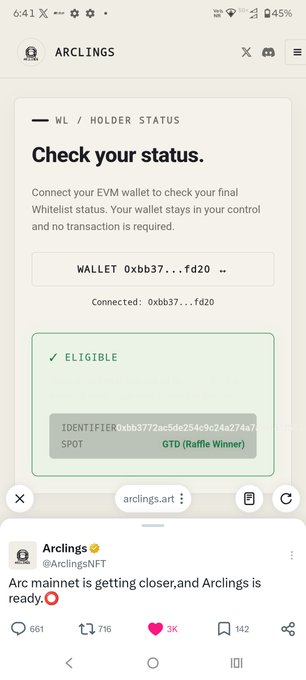A mobile screenshot of the ARCLINGS website showing a wallet check status page with "ELIGIBLE" status, alongside a tweet from @ArclingsNFT mentioning Arc mainnet getting closer.