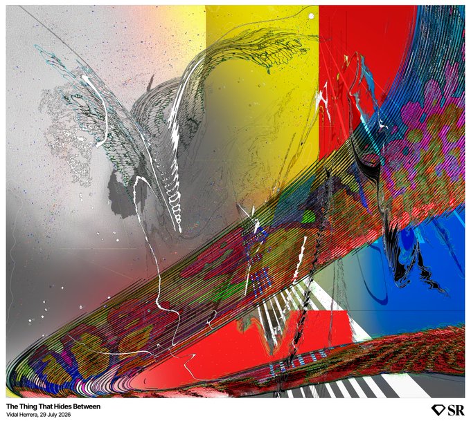 An abstract digital artwork titled 'The Thing That Hides Between' by Vidal Herrera, dated 29 July 2026, features colorful swirling lines over a background of red, yellow, and blue blocks.