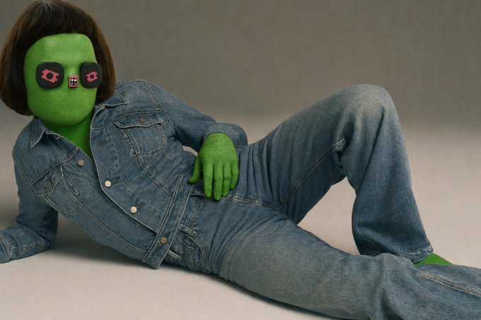 A figure with a green alien-like mask wearing a denim jacket and jeans, reclining on a gray surface in a studio setting.