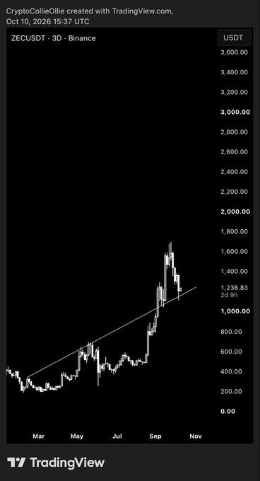 A TradingView chart of ZECUSDT on Binance from October 10, 2026, showing a significant uptrend with a trendline and price reaching approximately 1,600 USDT.