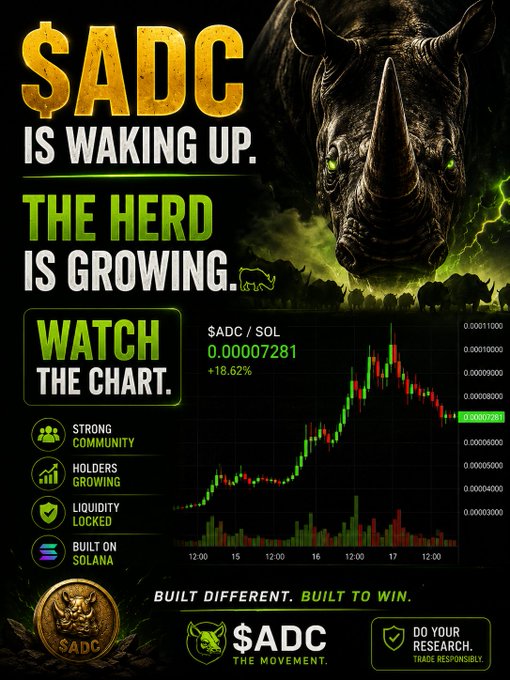 A promotional graphic for '$ADC' cryptocurrency stating '$ADC IS WAKING UP. THE HERD IS GROWING. WATCH THE CHART.' featuring a rhino and a trading chart showing +18.62% gains.