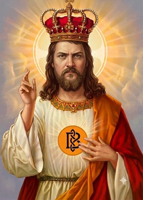 A religious-style illustration of a crowned, bearded figure in white and red robes holding a circular emblem with a stylized 'PC' logo.