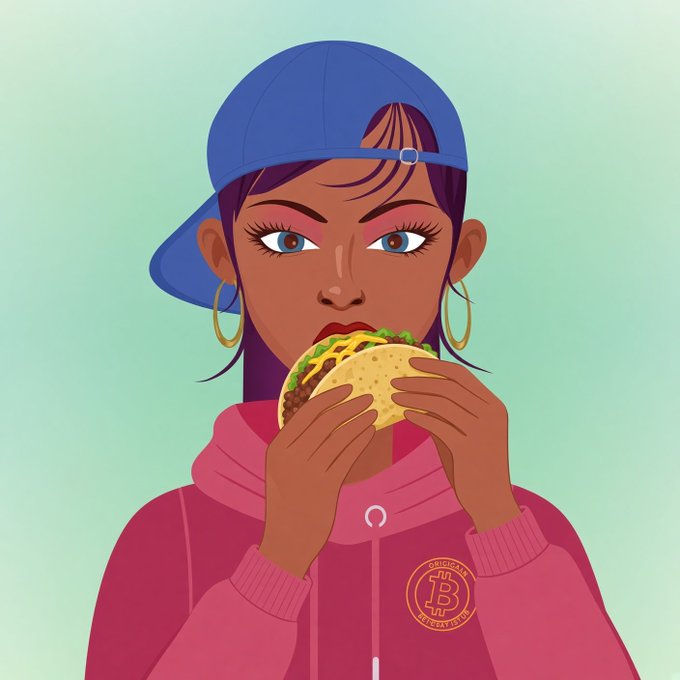 An illustration of a woman wearing a blue cap and a pink hoodie with a 'Digital Bitcoin Family' logo, eating a taco.