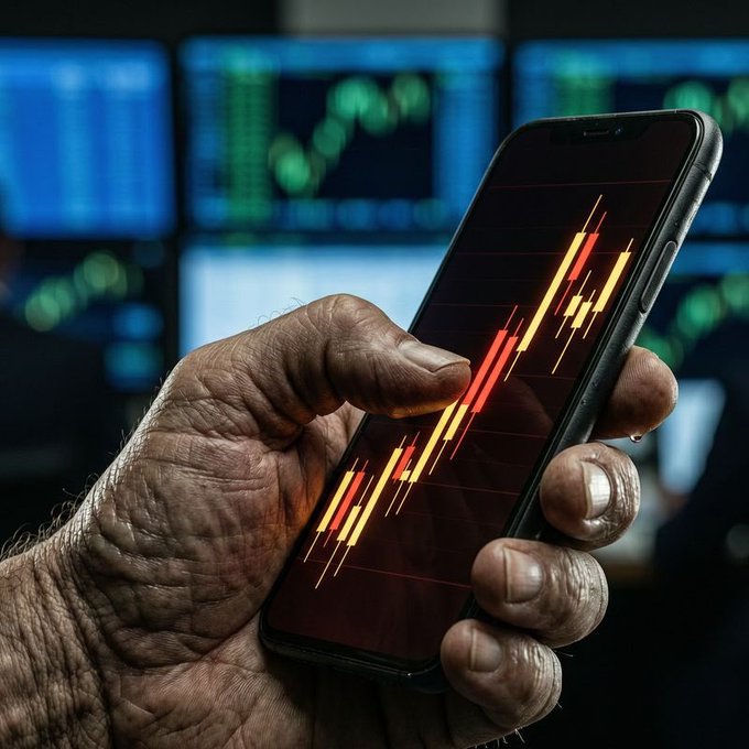 A close-up of a person's hand holding a smartphone displaying a stock candlestick chart with red and yellow bars, with blurred trading screens showing financial data in the background.