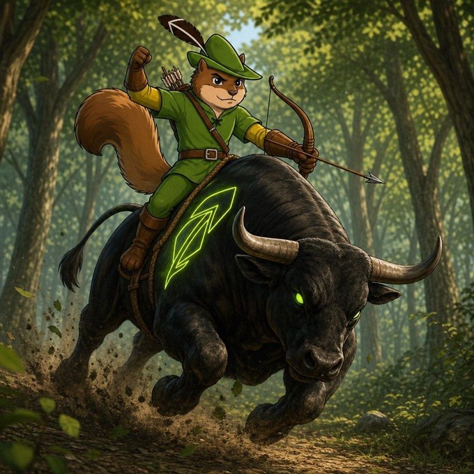 A fantasy illustration of an anthropomorphic squirrel wearing a green Robin Hood-style outfit with a feathered hat, riding a charging black bull with glowing green eyes and a green emblem on its side through a forest.