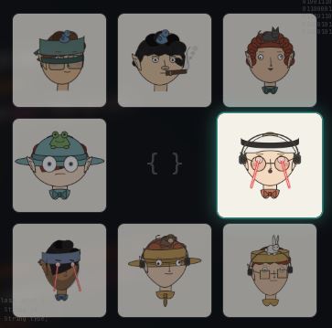 A character selection screen from a video game displaying eight cartoonish avatars with various hats and accessories arranged in a 3x3 grid with an empty center slot.
