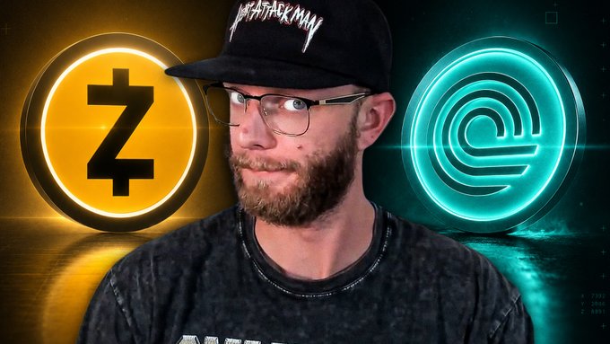 A bearded man wearing glasses and a black 'INFATUATION' cap stands between glowing cryptocurrency logos: an orange Zcash (ZEC) symbol on the left and a teal eCash symbol on the right.
