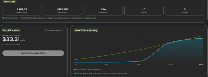 A dashboard titled 'Your Stats' displays 676,275 Network Points, 1,873,969 Uptime Points, 584 Days Active, 10 Devices, and 0 Referrals for the Snapshot Epoch 19, alongside an estimated allocation of $33.31 and a 'Your Points Journey' line graph.