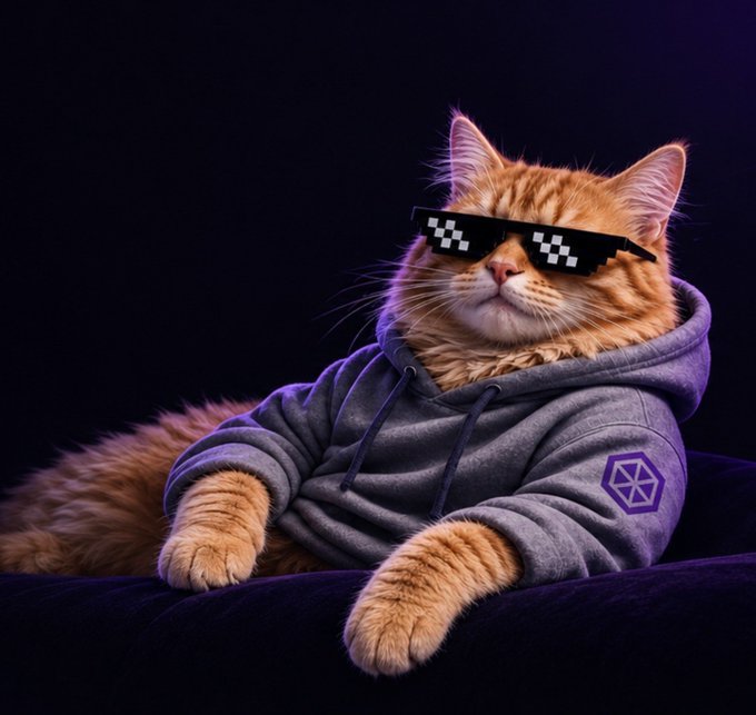 A fluffy orange cat wearing pixelated "deal with it" style sunglasses and a gray hoodie with a purple hexagonal logo, lounging confidently against a dark background.