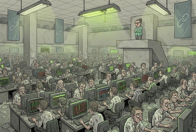 A satirical illustration of a massive, dilapidated office filled with exhausted, zombified workers at green-glowing computers under chain-link banners, with a lone figure observing from a balcony.