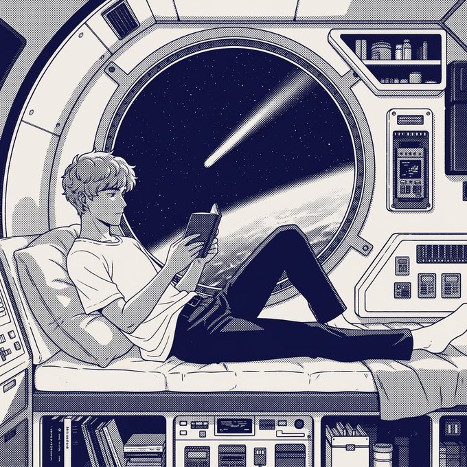 A black and white anime-style illustration of a young man lying on a bed reading a book, with a large circular window behind him showing a comet in space.