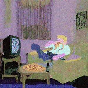 The image features a cartoon depiction of a man sitting on a couch, eating pizza while watching TV. The room has purple walls and a television set placed nearby. There are also two chairs present in the scene - one near the man and another further away from him. A bottle is visible next to the man's feet, suggesting that he might be enjoying some drinks as well.