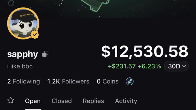 A Binance profile screenshot shows user "sapphy" (bio: "i like bbc") with 1.2K Followers, displaying a portfolio value of $12,530.58 (+$231.57, +6.23% over 30D), illustrating the post's claim of growing from $0 to $12.5K in 4 days on pump.fun.