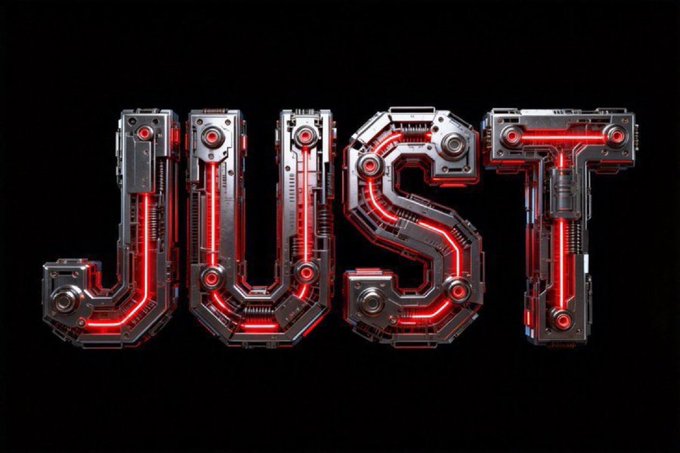 The image displays the word "JUST" in bold, mechanical-style typography with glowing red accents against a black background. The accompanying text about decentralized lending and capital efficiency doesn't appear to directly relate to the simple declarative word shown in the image, which stands alone without additional context.