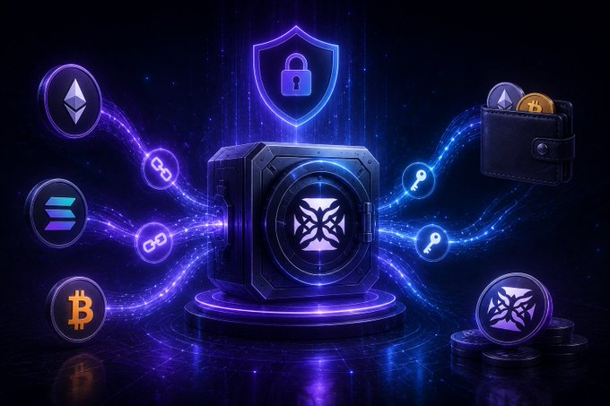 Digital illustration of a safe with a shield and lock icon surrounded by cryptocurrency symbols (Bitcoin, Ethereum, Solana) connected by glowing chains.