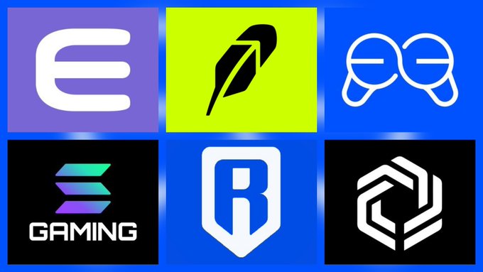 A grid of six app icons on a blue background, including a purple 'E' logo, a neon green feather logo, a blue icon featuring two stylized heads, a 'GAMING' logo with a teal-to-purple gradient, a blue shield logo with 'R', and a black hexagonal logo.