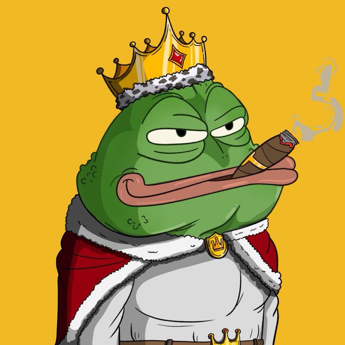 A cartoon Pepe the Frog wearing a golden crown and red-and-white royal cape smokes a cigar while smirking, paired with a giveaway announcement offering 20 GTD and 20 FCFS spots to users who follow, like, retweet, and share their Solana wallet.