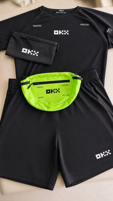 A black athletic outfit featuring a shirt, shorts, and accessories branded with the "OKX" logo along with the words "TRUSTED" and "VERIFIED," accompanied by a neon green fanny pack with the same branding.