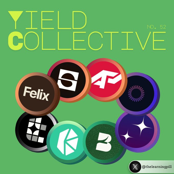 A 'YIELD COLLECTIVE NO. 52' promotional graphic featuring circular logos including Felix, Stargate (STG), and other crypto project tokens on a green background, credited to @thelearningpill.