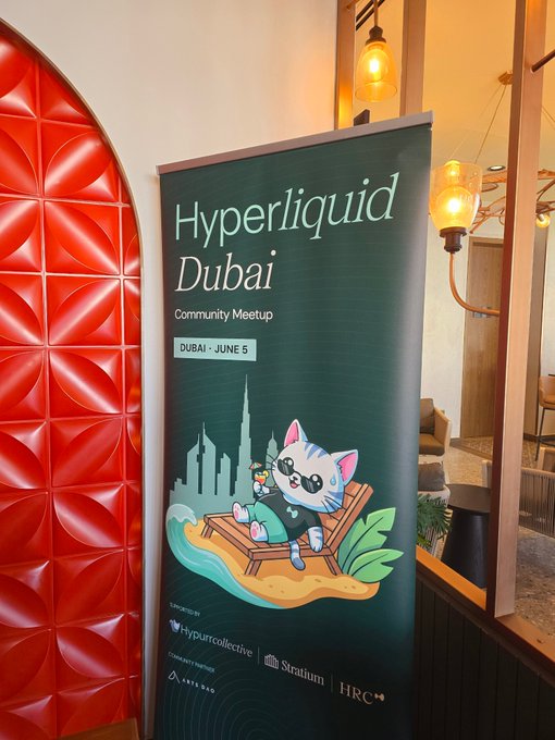 The image features a green banner with a cartoon cat sitting on a beach chair, surrounded by palm trees and other elements of a beach scene. The banner also displays text that reads "Hyper Liquid Dubai Community Meeting". This suggests that there might be an event or gathering related to Hyper Liquid in Dubai taking place at the location depicted in the image.