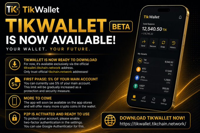 The image is a promotional banner announcing the availability of TikWallet BETA, downloadable at tikwallet.tikchain.network, featuring a smartphone mockup displaying a balance of 12,540.50 TIK ($8,745.32) alongside assets like TIK, BTC, ETH, and USDT. The banner highlights key features including a 5% main account transfer limit, upcoming additional crypto coins, and activated P2P transfers, reinforcing the post's message about P2P functionality and the importance of enabling two-factor authentication for account security.