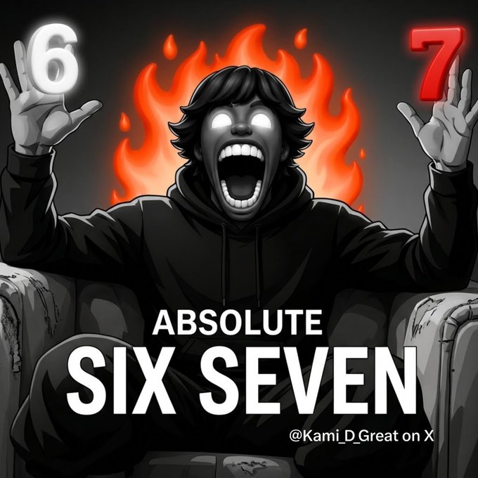 A distressed figure with glowing eyes screams behind flames, holding up a "6" in white and a "7" in red, with the text "ABSOLUTE SIX SEVEN" and "@Kami_D_Great on X" beneath—visually representing the post's panic over missing the catch of a massive "whale" payout ($25K + 100 NFTs) just as the tournament window closes.
