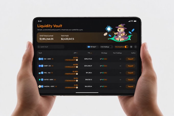 Two hands hold a tablet displaying a "Liquidity Vault" interface with a cute wizard mascot and a list of yield-earning tokens including SUI, DEEP, WAL, CETUS, and HAEDAL.