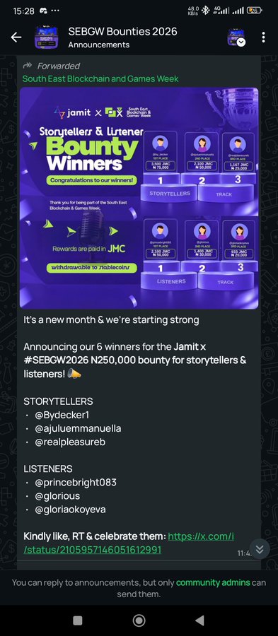 A Telegram announcement from SEBGW Bounties 2026 listing winners of the Jamit x SEBGW 2026 bounty contest for storytellers and listeners, with rewards paid in JMC.