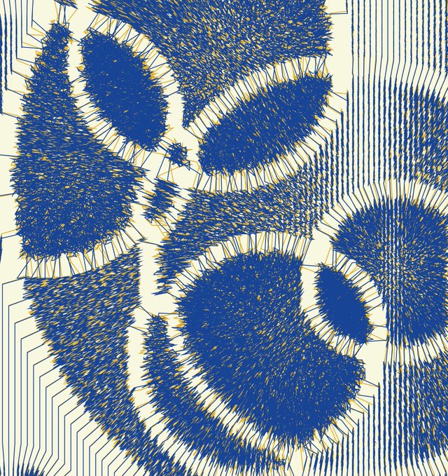 An abstract artwork with dense blue and gold marks/strokes on a cream background, with horizontal lined patterns.