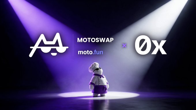 A chef bear mascot stands center stage under a spotlight between the MotoSwap (moto.fun) and 0x logos, visually representing the launch of MotoSwap pools on 0x Project. The image ties the post's announcement to the partnership between the two platforms, with the mascot symbolizing the "Day 1" debut.