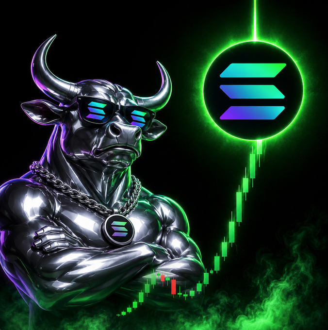 A muscular metallic bull wearing sunglasses and a Solana logo medallion stands with crossed arms next to a glowing green Solana logo and an upward-trending green candlestick chart.