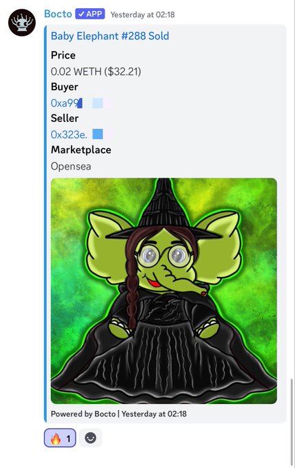 Discord notification from Bocto app reporting a Baby Elephant NFT #288 sold on OpenSea for 0.02 WETH ($32.21), featuring an image of a green elephant witch character.