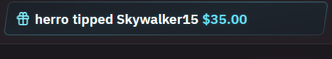 The image shows a tipping notification: "herro tipped Skywalker15 $35.00." The post critiques a platform for taking fees from players signed up through referral links, implying the $35 tip to user Skywalker15 represents a response to that frustration.