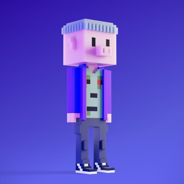 A 3D animated Minecraft-style character with a pig-like head, blue hair, and a purple and green outfit stands against a purple background.
