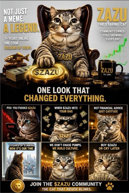 A promotional poster for the '$ZAZU' cryptocurrency meme token featuring a cat in a gold chain, with text including 'NOT JUST A MEME. A LEGEND', 'ONE LOOK THAT CHANGED EVERYTHING', and 'JOIN THE $ZAZU COMMUNITY'.