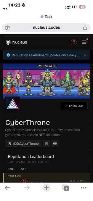Mobile browser screenshot of nucleus.codes showing a CyberThrone Genesis NFT collection page with an 'ENROLLED' status and a Reputation Leaderboard ranking system.