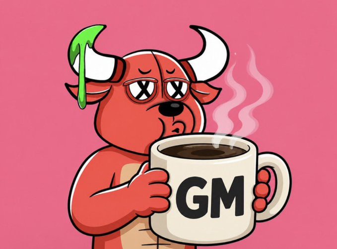 A cartoon illustration of a red bull character with X eyes holding a steaming coffee mug labeled 'GM' against a pink background.