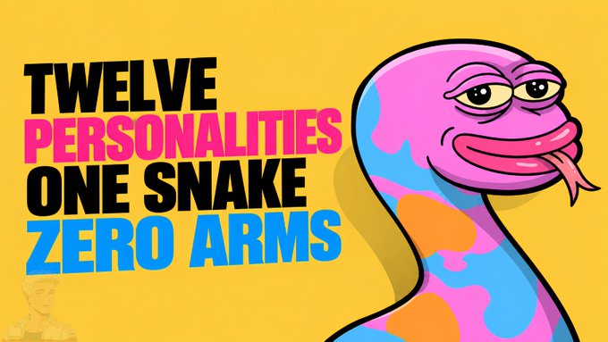 A graphic featuring a colorful cartoon snake on a yellow background with the text 'TWELVE PERSONALITIES ONE SNAKE ZERO ARMS'.