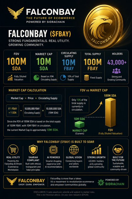 A promotional infographic for FalconBay ($FBAY), a Shariah-compliant, AI-powered eCommerce token powered by Sidrachain, highlighting its 100M SDA FDV, ~10M SDA market cap, 10M circulating supply out of 100M total, and a 43,000+ holder community, directly matching the post's key metrics and messaging about real utility and global growth.