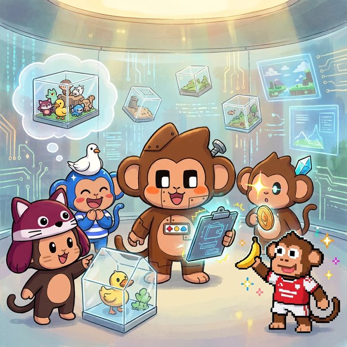 A cartoon illustration of various cute animals including a monkey, cat, duck, and bird in a futuristic digital environment with thought bubbles showing animal terrariums.
