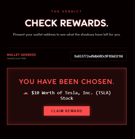 A dark-themed digital interface titled "THE VERDICT" displaying "CHECK REWARDS" with a wallet address and a message stating "YOU HAVE BEEN CHOSEN" to claim $10 worth of Tesla, Inc. (TSLA) Stock.