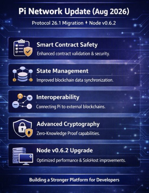 A Pi Network Update infographic dated August 2026 detailing Protocol 26.1 Migration and Node v0.6.2, listing five key improvements: Smart Contract Safety, State Management, Interoperability, Advanced Cryptography, and Node Upgrade, with the tagline 'Building a Stronger Platform for Developers'.