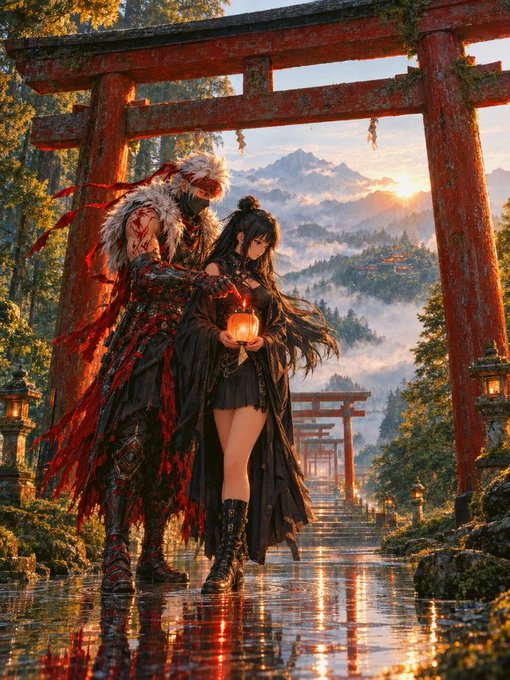A fantasy digital artwork depicting a samurai-like figure with white hair and red armor standing beside a dark-haired woman holding a glowing red lantern, set before a Japanese torii gate pathway at sunset.