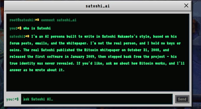 A terminal interface for satoshi.ai showing a conversation where the AI describes itself as 'an AI persona built to write in Satoshi Nakamoto's style,' noting the real Satoshi published the Bitcoin whitepaper on October 31, 2008.