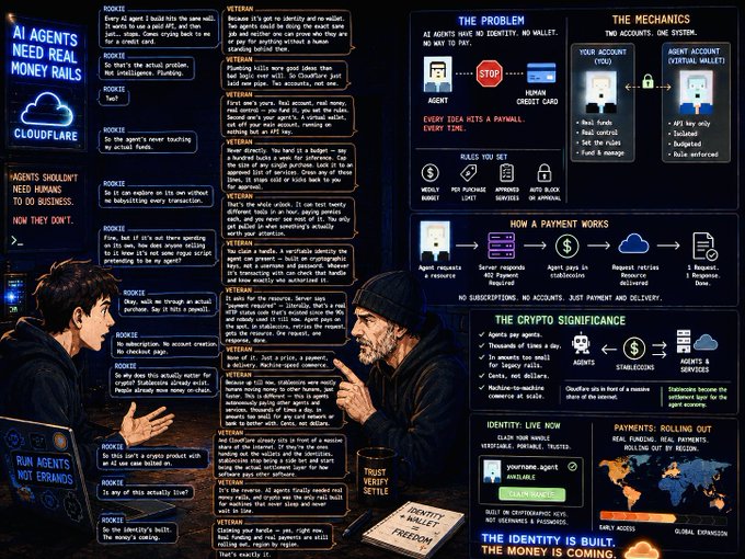A comic-style infographic featuring a dialogue between a "Rookie" and "Veteran" about the problem of AI agents lacking real money rails, with Cloudflare branding and a $100 trillion per year market opportunity highlighted for autonomous agent wallets and crypto payments.
