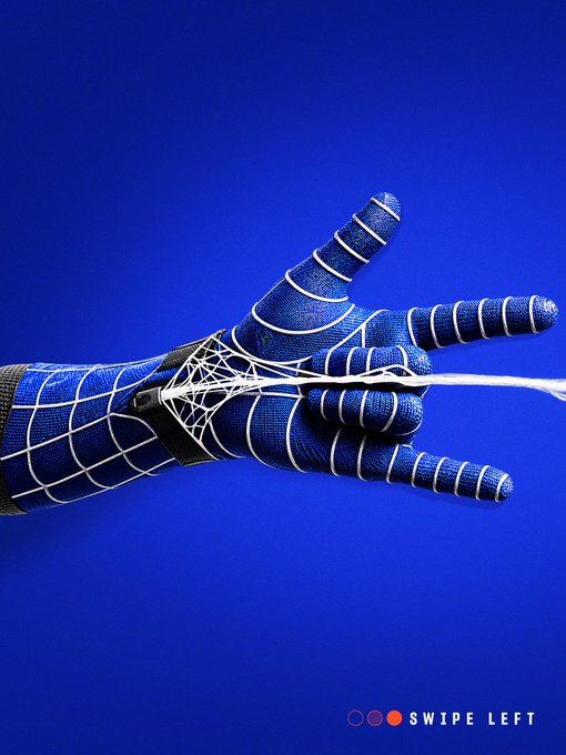A blue-gloved hand wearing a Spider-Man-style web shooter pulls back a web of white string against a vibrant blue background, with navigation dots and "SWIPE LEFT" text in the corner. The image cleverly merges football fandom with Spider-Man imagery, suggesting that following the season's many storylines—much like untangling a web—reveals more to the game than just watching it.
