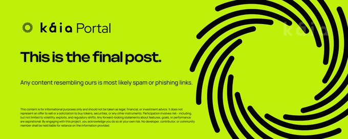 A bright yellow-green graphic from "kóia Portal" with a large fingerprint design and the text "This is the final post. Any content resembling ours is most likely spam or phishing links."