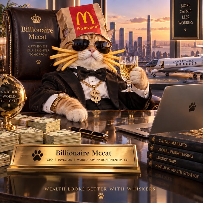 A humorous AI-generated image of a cat dressed as a 'Billionaire Mccat' CEO, wearing a McDonald's paper bag and sunglasses, holding french fries and a champagne glass, surrounded by luxury items, money, and text like "WEALTH LOOKS BETTER WITH WHISKERS."
