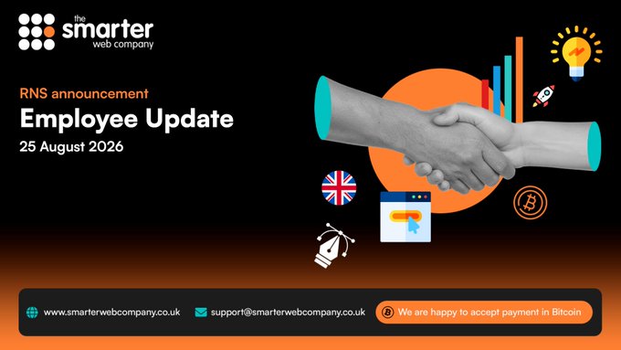 The image is a black and orange promotional graphic from The Smarter Web Company featuring an "RNS announcement - Employee Update" dated 25 August 2026, alongside a visual of a handshake surrounded by icons representing Bitcoin, a website, a lightbulb, and the UK flag. It relates to the post by announcing that Jesse Myers will be leaving the company effective 1 September 2026, while highlighting the company's Bitcoin Treasury Policy and website contact details (smarterwebcompany.co.uk).